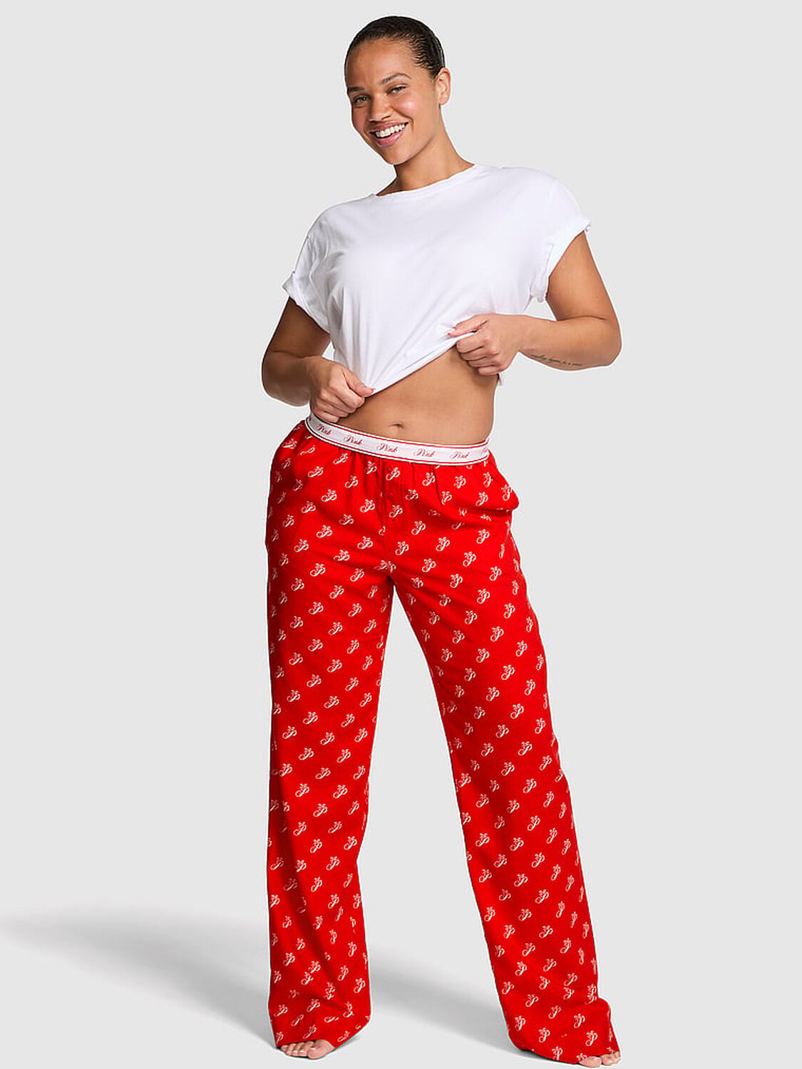 vs Pink Flannel Sleep Pants Bright Vermillion 'P' Script Logo Print 1 of 2 
