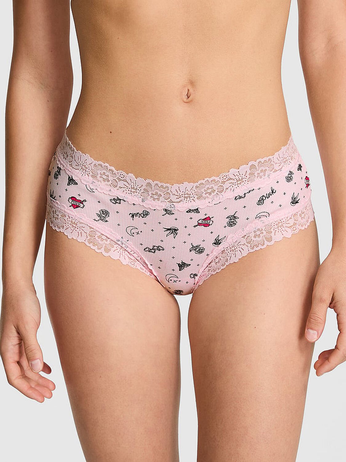 vs Pink Wink Lace-Trim Cheeky Panty Pink Tulip Tattoo Print 1 of 3 