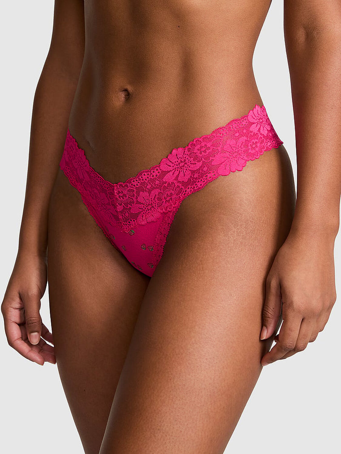 vs Pink PINK Wink&trade; Lace-Trim Thong Panty Hot Stuff Strawberry Print 1 of 2 
