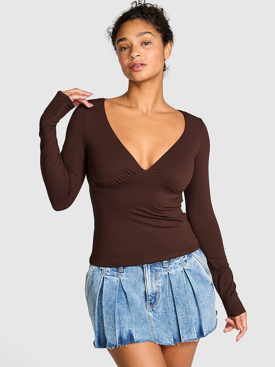 pink Pink Base Stretch Ruched Long-Sleeve Tee Ganache 1 of 2 
