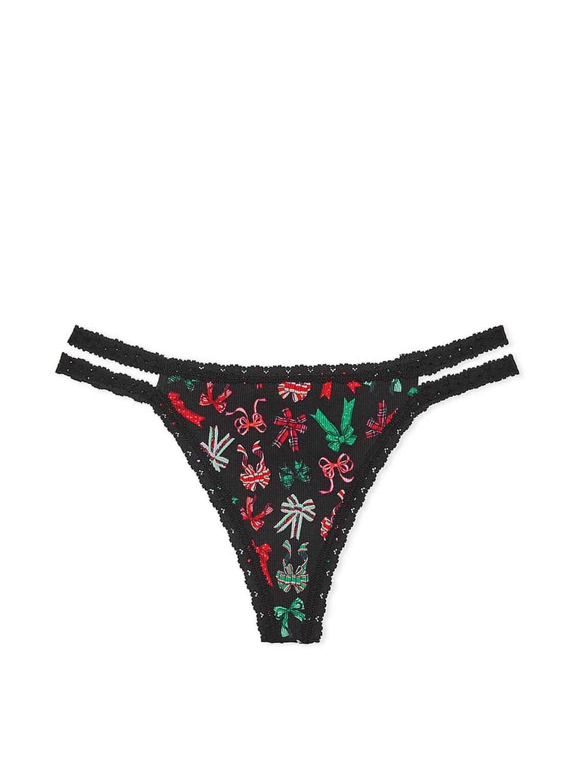 vs Pink WINK Lace-Trim Strappy Thong Panty Pure Black Bow Print 1 of 1 