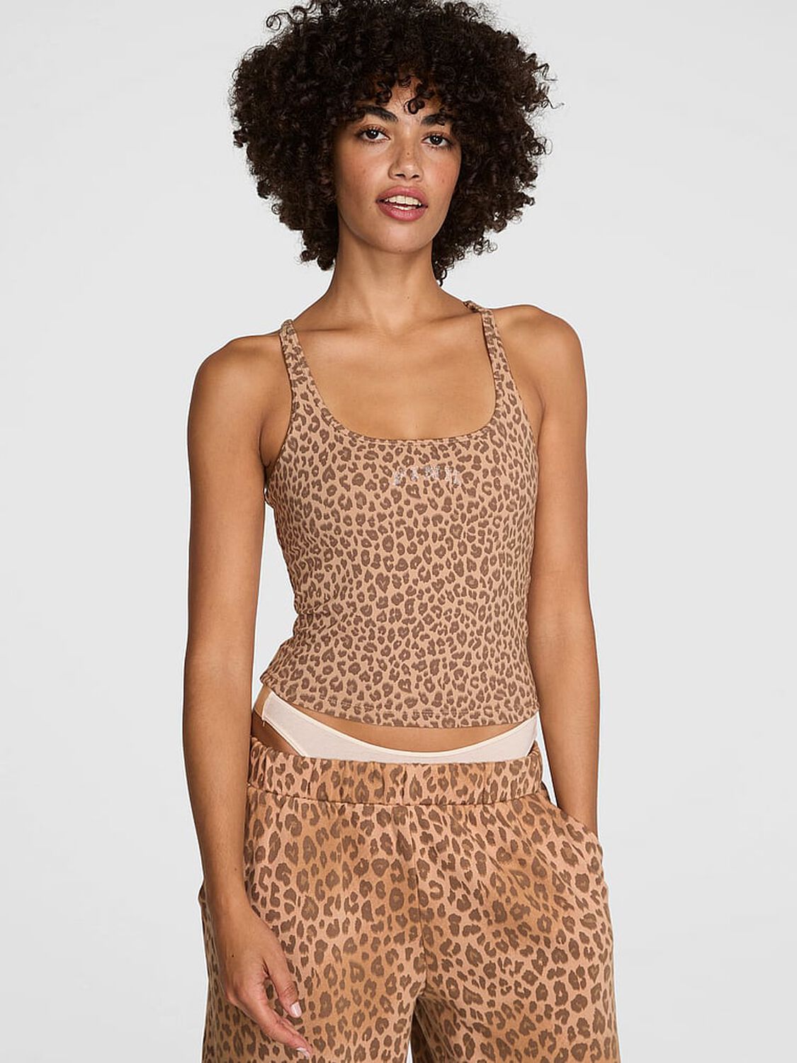 vs Pink All-Day Cotton Square-Neck Bra Tank Natural Leopard Foil 1 of 3 