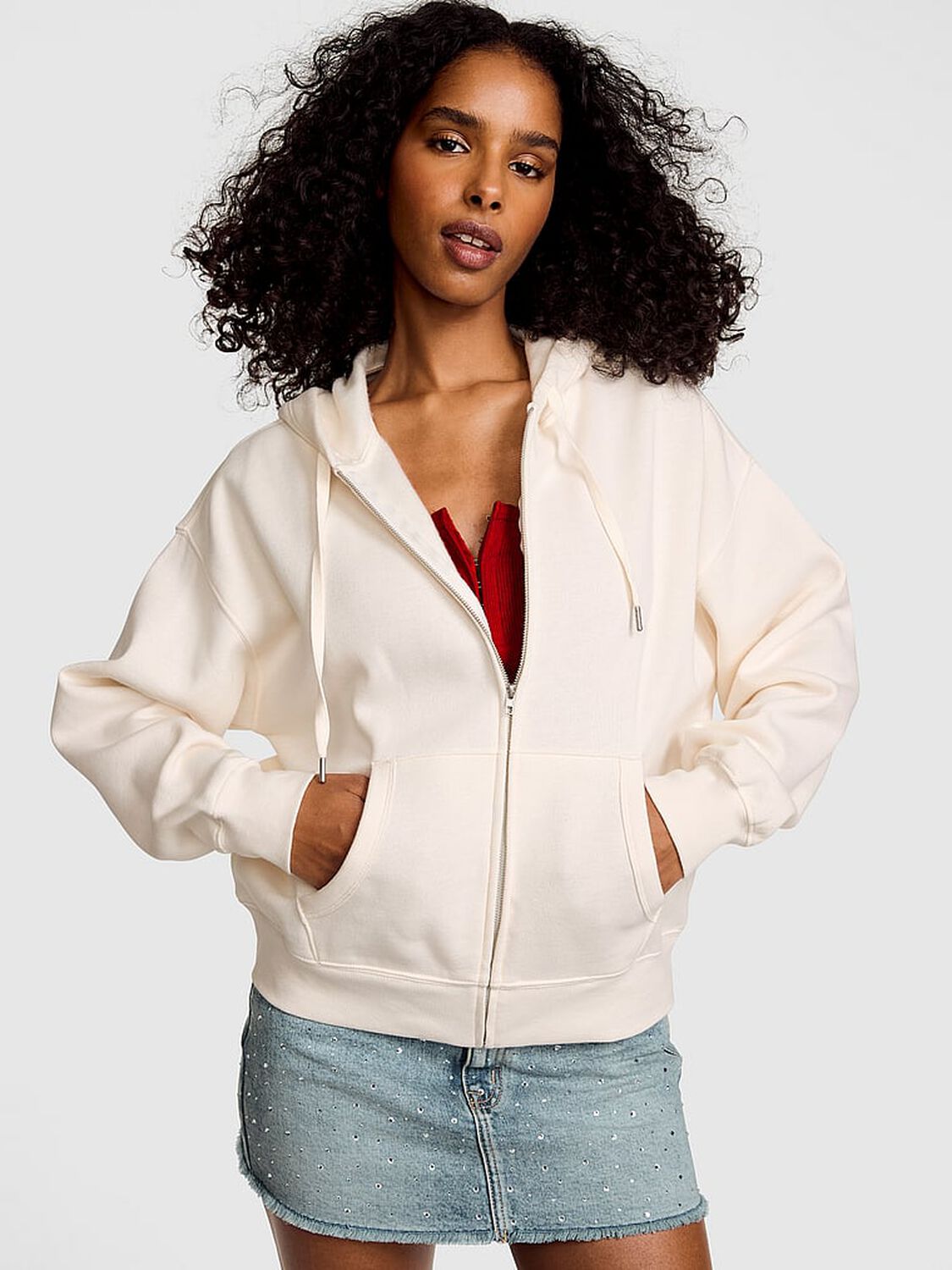 vs Pink Campus Fleece&trade; Full-Zip Hoodie Cozy White 1 of 3 
