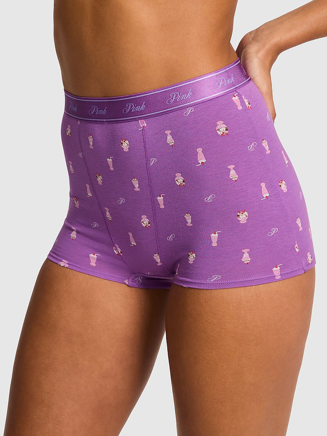 vs Pink Logo Cotton High-Waist Boyshort Panty Grape Taffy Ice Cream Print 1 of 3 