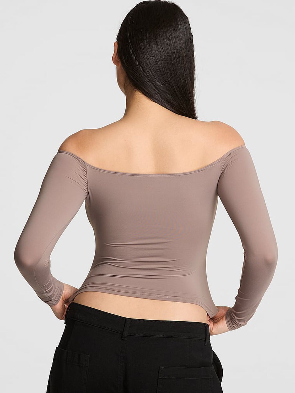 vs Pink Base Stretch Off-The-Shoulder Long-Sleeve Top Iced Coffee 2 of 3 