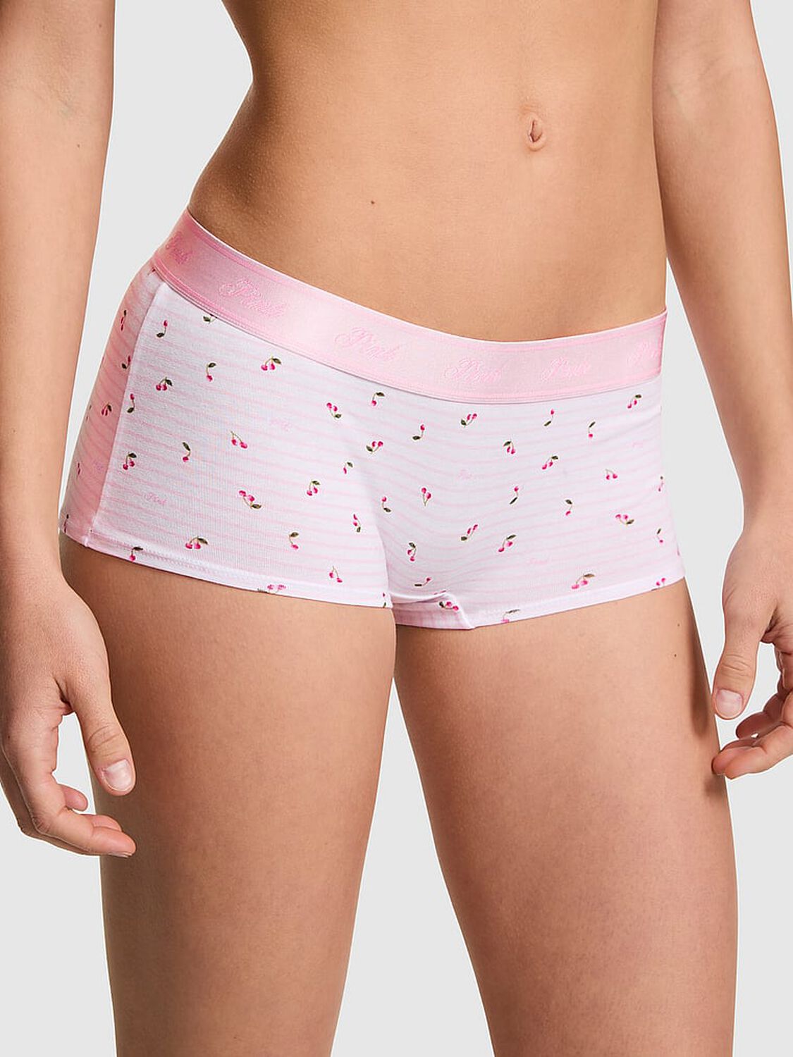 vs Pink Logo Cotton Boyshort Panty Pink Tulip Stripe Cherry Print 1 of 3 