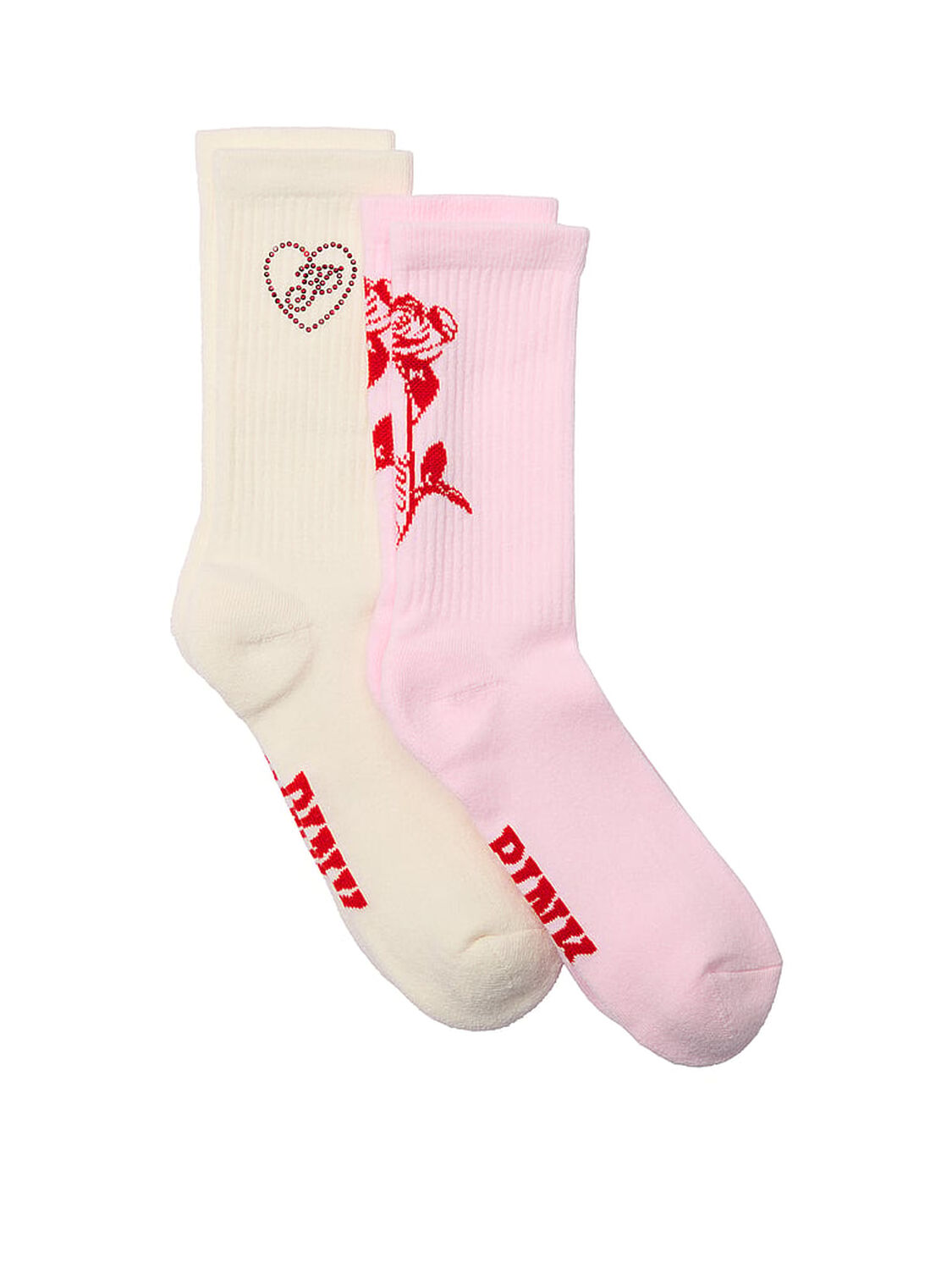 vs Pink 2-Pack Crew Socks Winter White Heart Script P / Pink Tulip Rose 1 of 2 