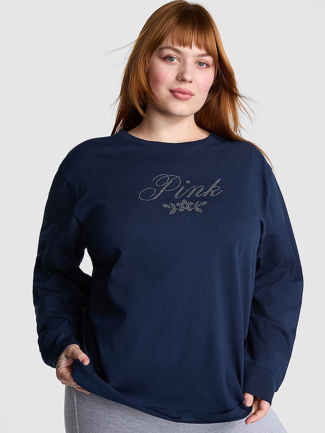 vs Pink Campus Cotton Long-Sleeve Tee Noir Navy Shine 1 of 3 
