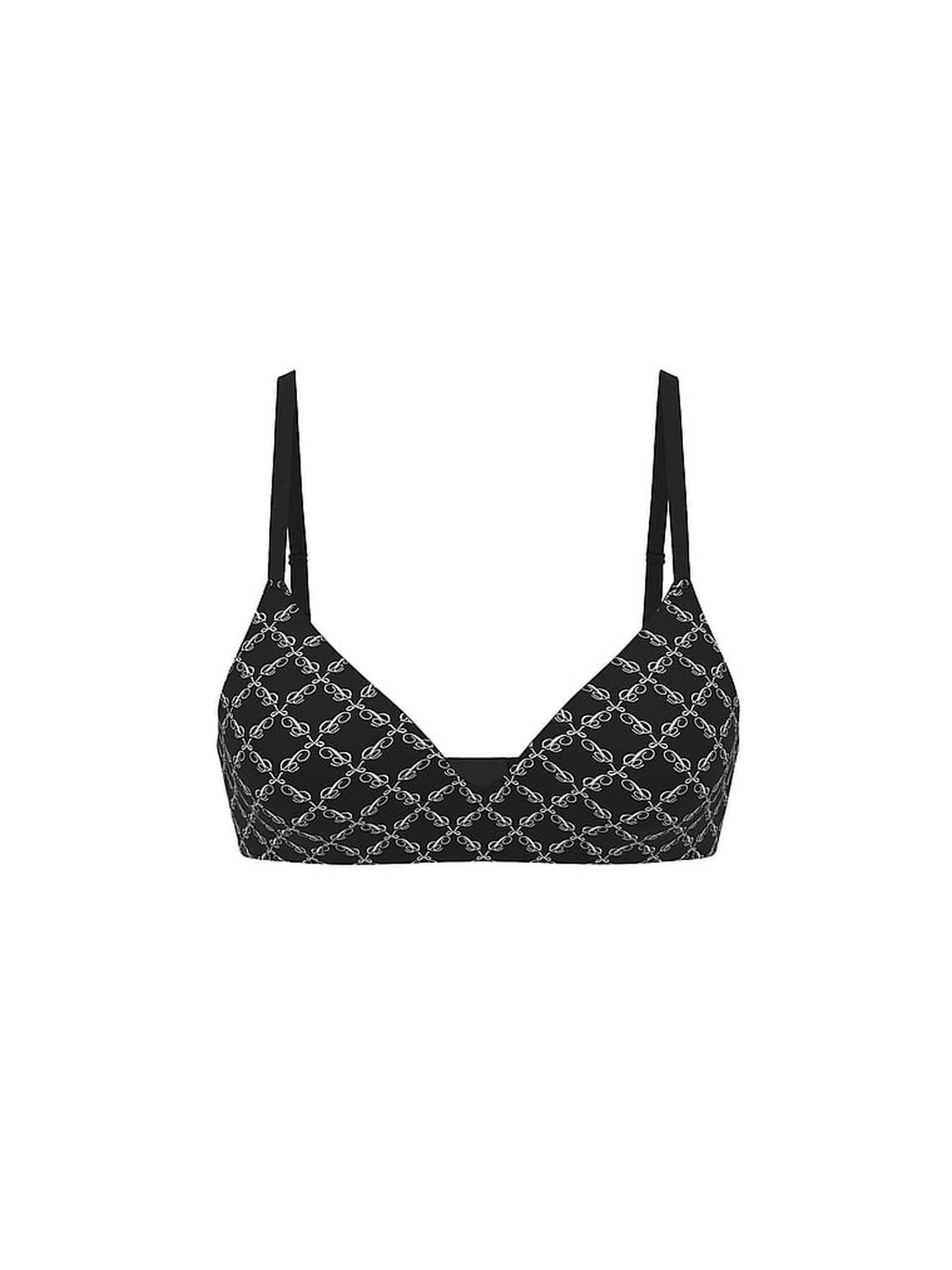 vs Pink Wear Everywhere Wear Everywhere Lightly Lined Wireless Bra Black Script Bow Print Shine 3 of 3 