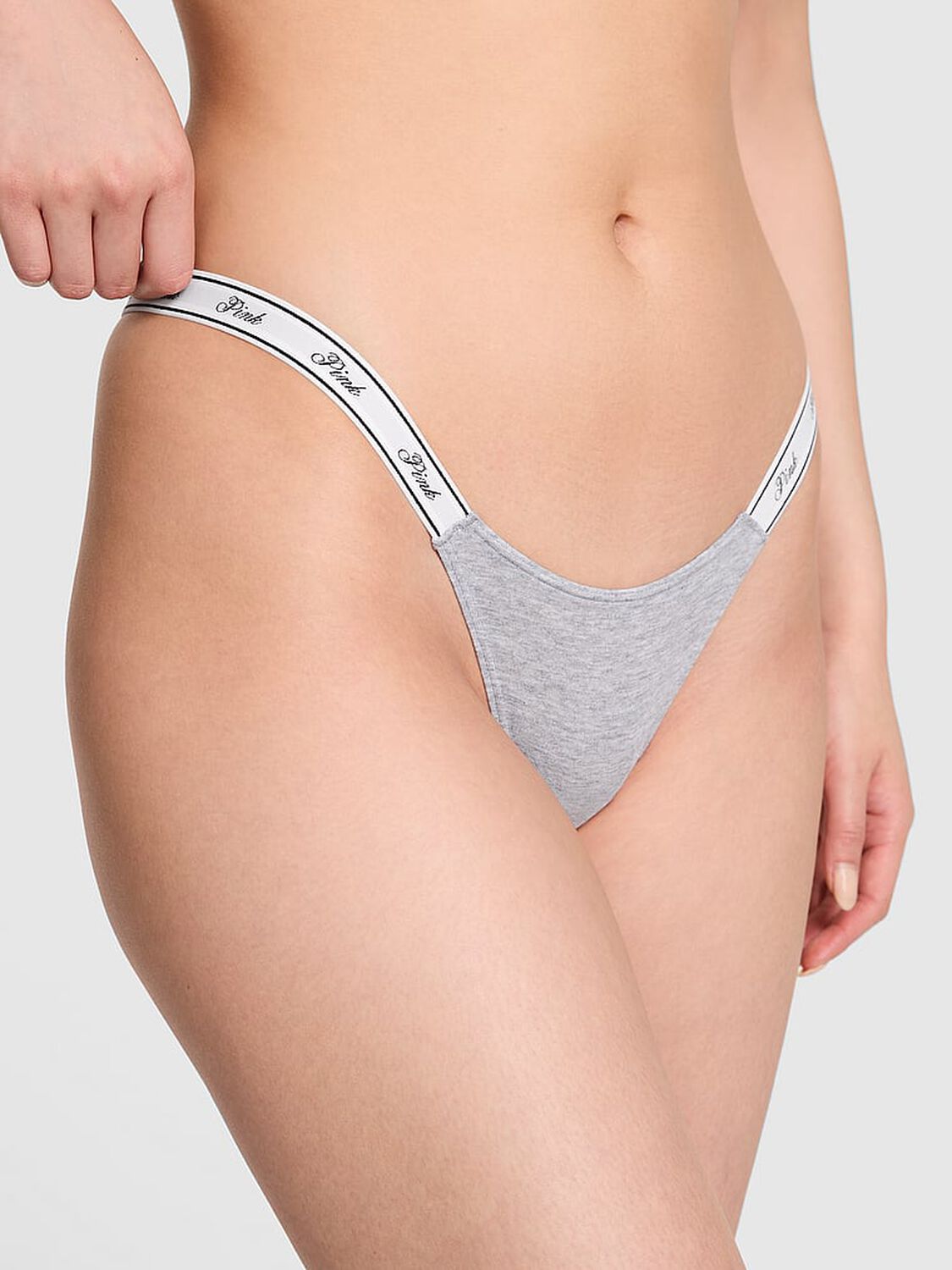 vs Pink Logo Cotton High-Leg Micro Thong Panty Medium Heather Grey 1 of 3 