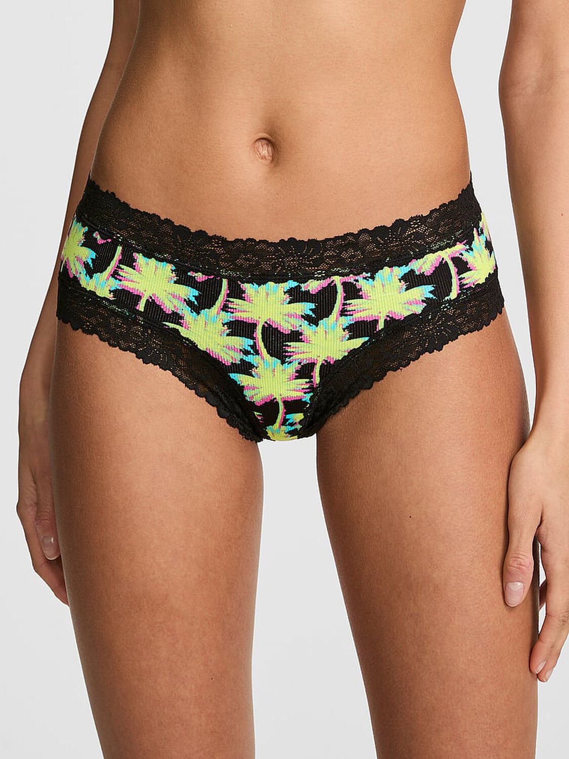 vs Pink PINK Wink&trade; Lace-Trim Cheeky Panty Black Palm Tree Print 1 of 3 