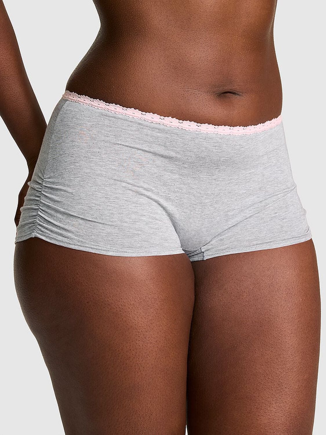 vs Pink Cotton Dorm Boyshort Panty Medium Heather Grey Pink Tulip Lace "Drama Queen" 1 of 4 