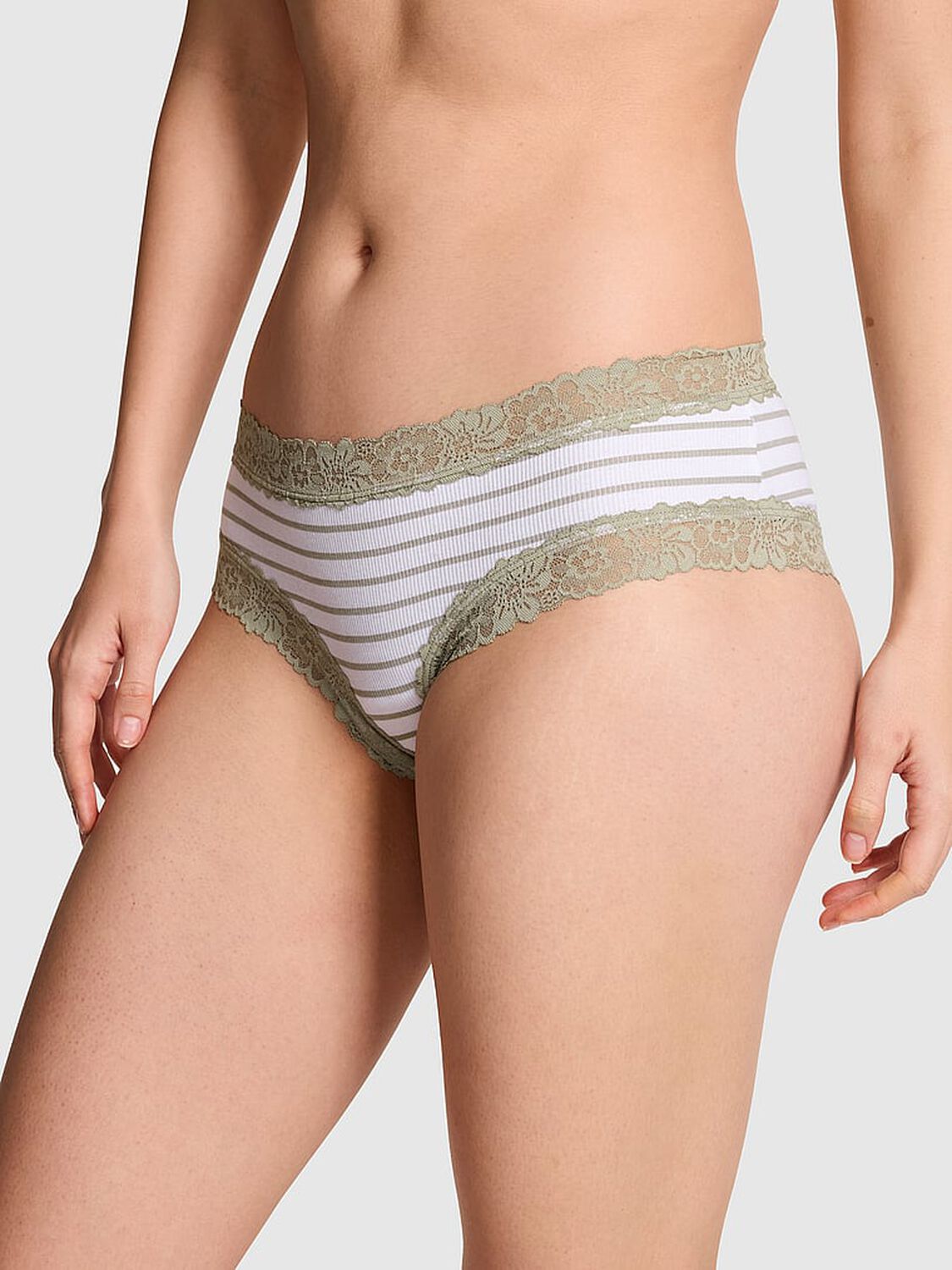 vs Pink PINK Wink&trade; Lace-Trim Cheeky Panty Slate Green Stripes 1 of 3 