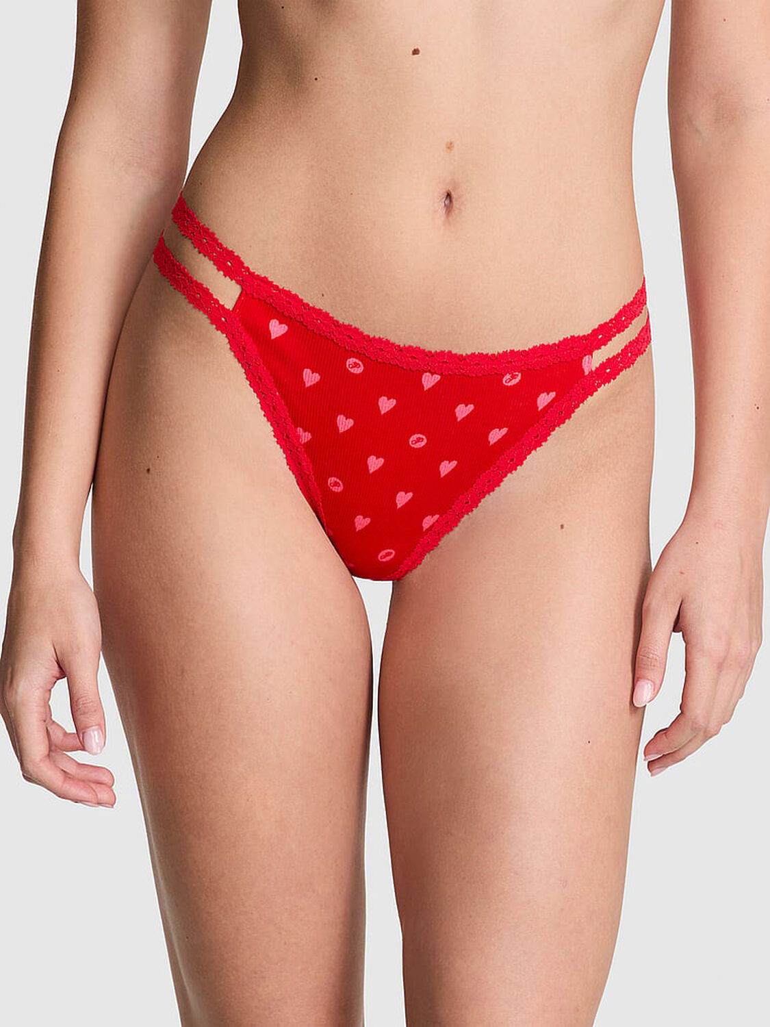 vs Pink Wink Strappy Thong Panty Bright Vermillion Heart Dot Print 3 of 3 