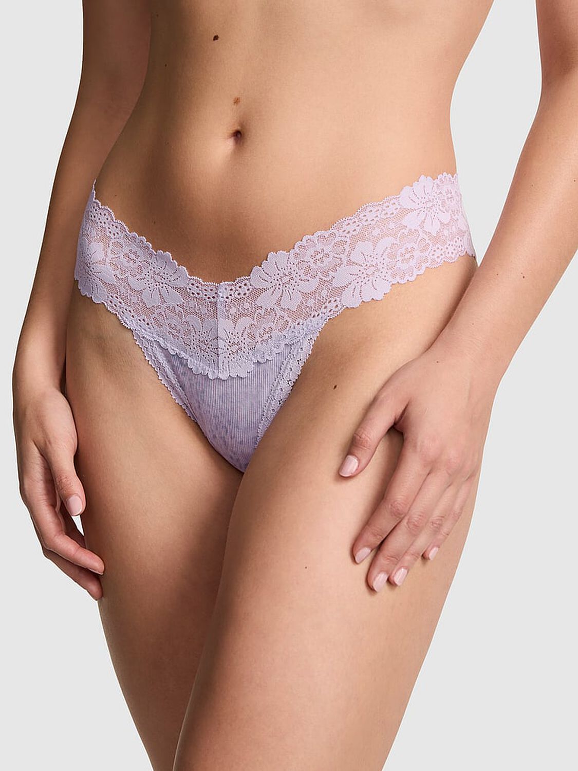 vs Pink PINK Wink&trade; Lace-Trim Thong Panty Tinted Lilac Leopard Print 1 of 2 
