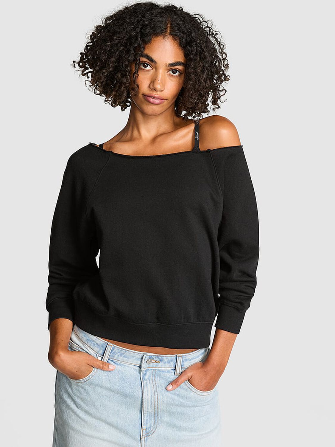 vs Pink Ivy Fleece Off-The-Shoulder Sweatshirt Pure Black 1 of 3 