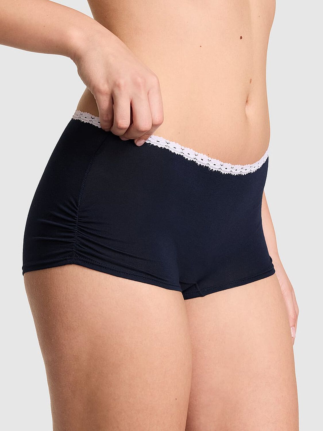 vs Pink Cotton Dorm Boyshort Panty Noir Navy With White Lace And Too Cute Graphic 1 of 3 