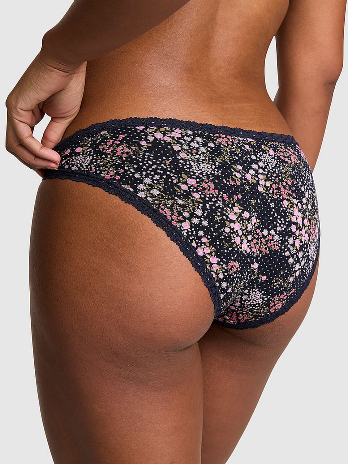 vs Pink Cotton Lace-Trim Low-Rise Cheeky Panty Noir Navy Floral Print 2 of 4 