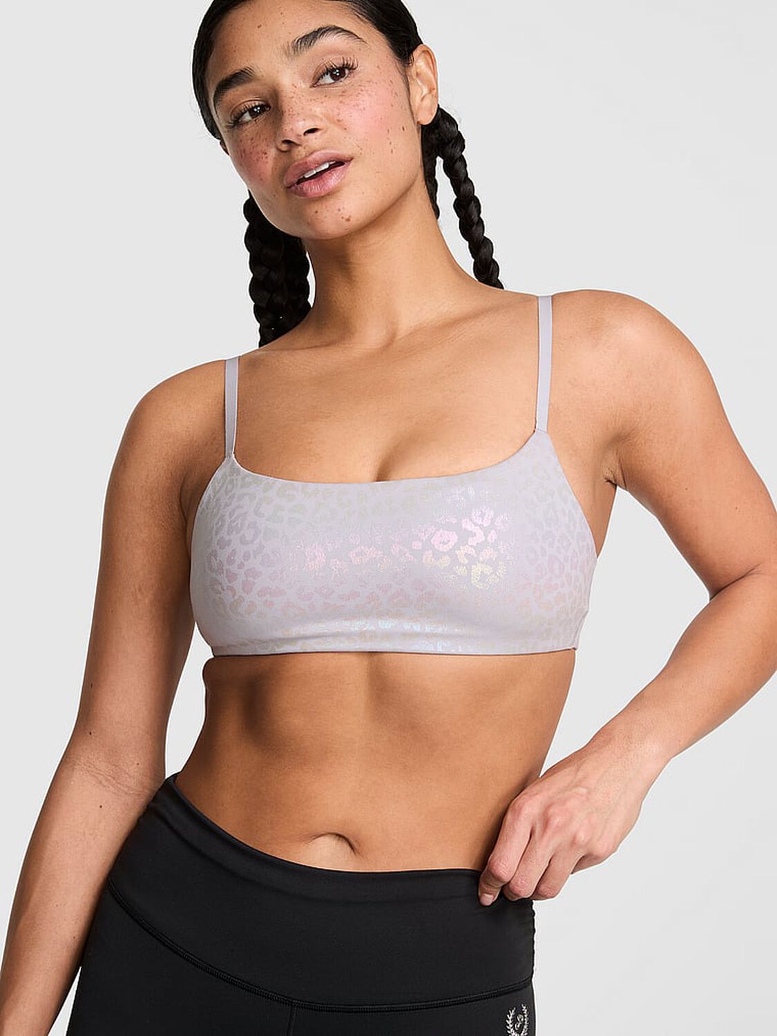 vs Pink PINK Relay&trade; Square-Neck Sports Bra Dusty Lilac Leo Foil 1 of 3 