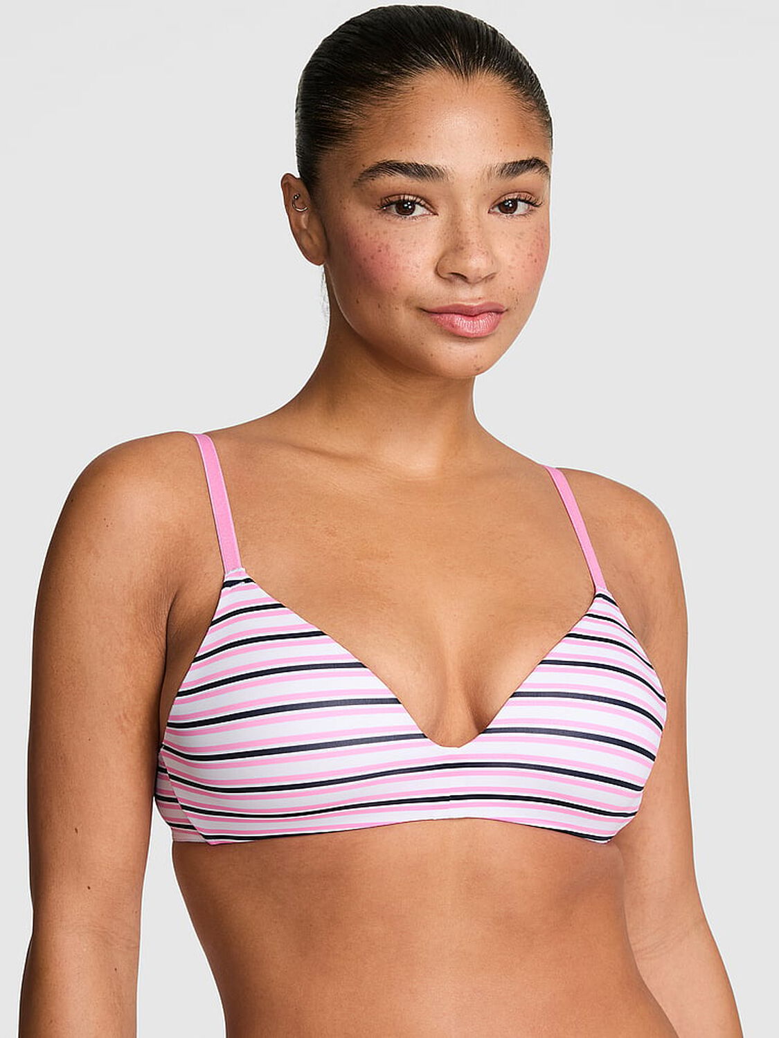 vs Pink Wear Everywhere&trade; Lightly Lined Wireless Bra Pink Lollipop & Navy Stripe Print 1 of 3 