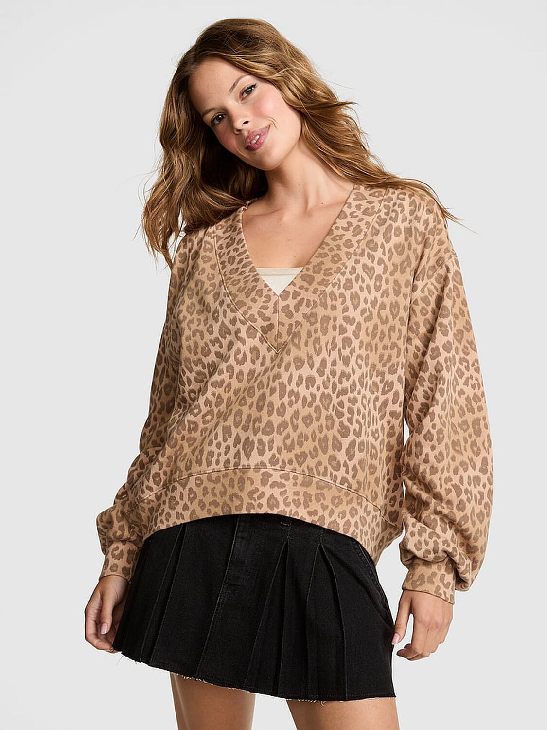 vs Pink Ivy Fleece V-Neck High-Low Cropped Sweatshirt Leopard 1 of 3 