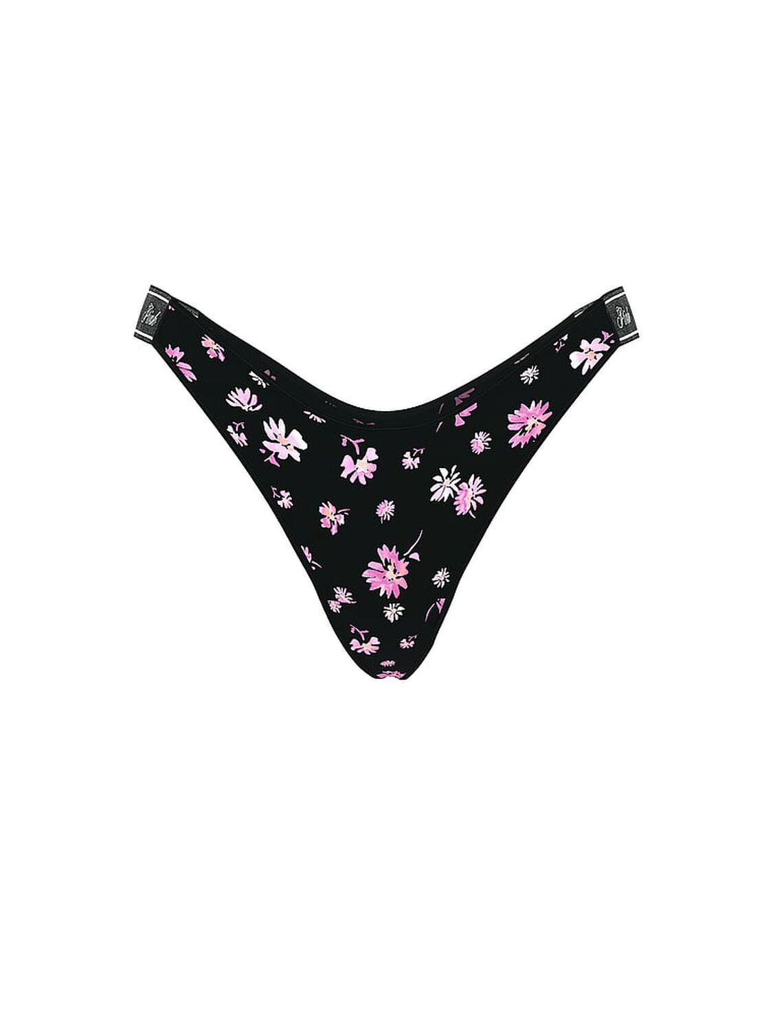 vs Pink Logo Cotton Shine High-Leg Thong Panty Black Floral Ditsy Print 3 of 3 