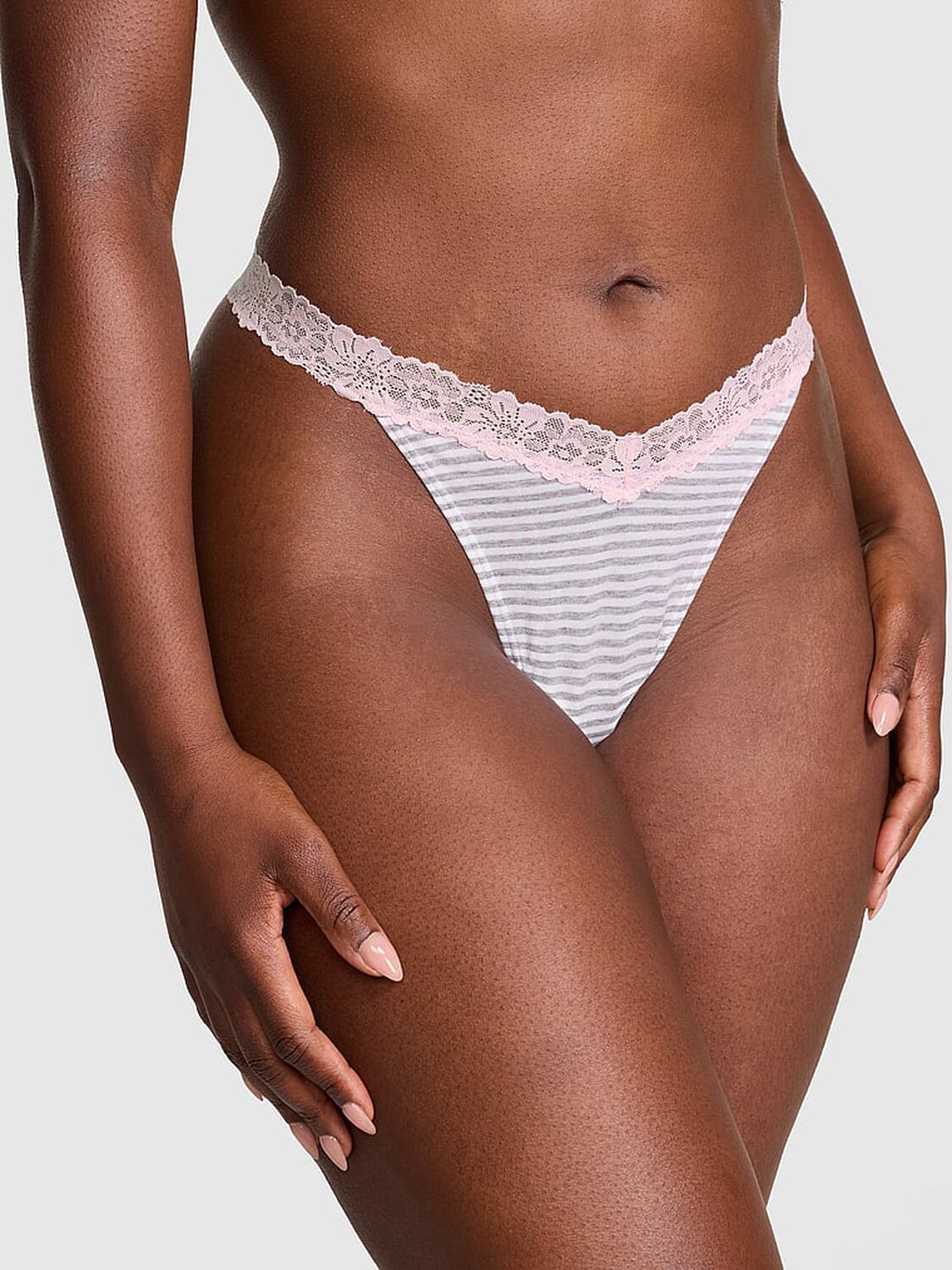 vs Pink Cotton Lace-Trim Thong Panty Medium Heather Grey 1 of 3 