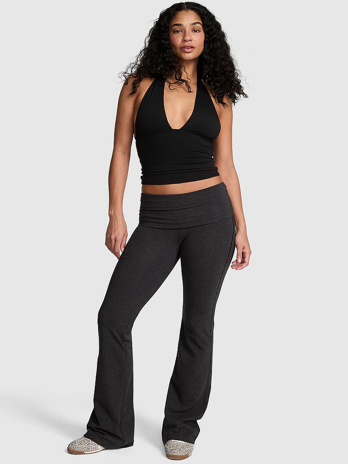 pink Pink All-Day Cotton&trade; Foldover Flare Leggings Charcoal Heather With Pink Sequin 1 of 4 