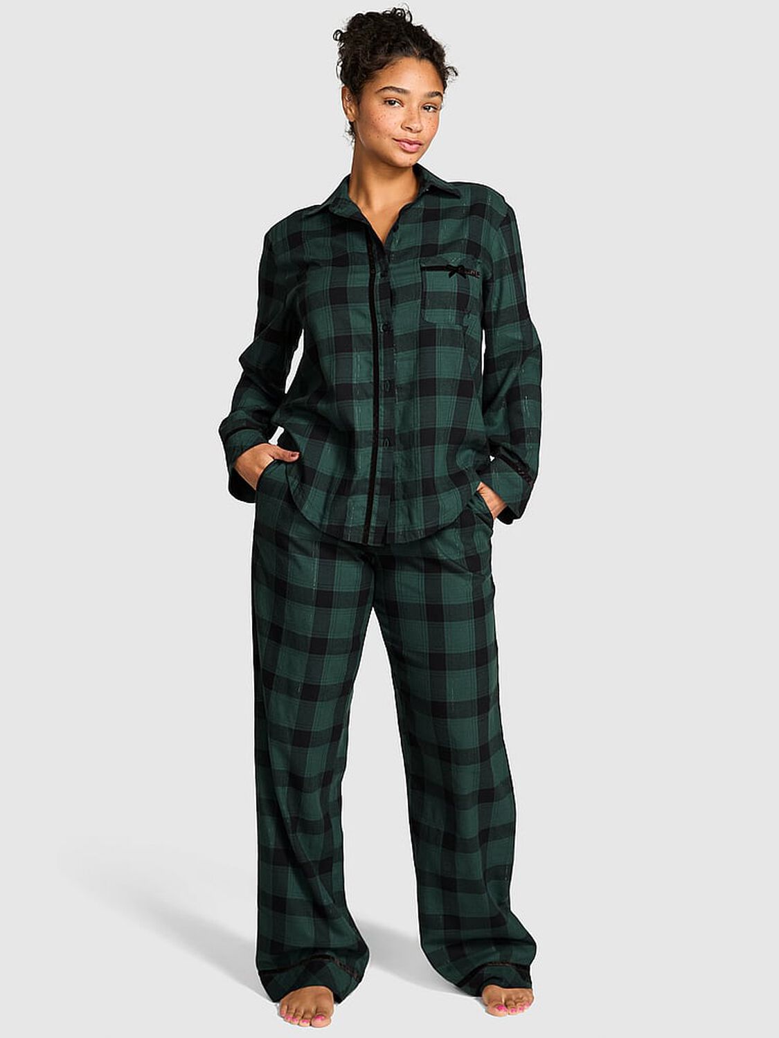 pink Pink Flannel Long Pajama Set Deep Forest/ Black Plaid 1 of 2 