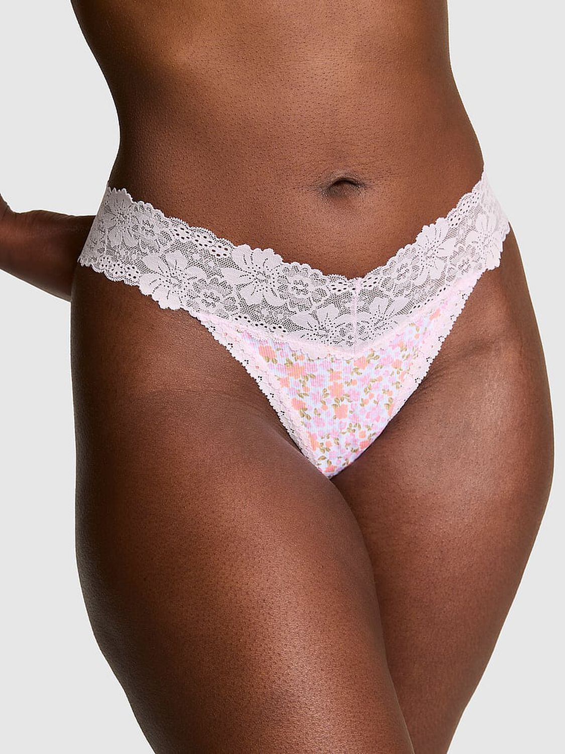 vs Pink PINK Wink&trade; Lace-Trim Thong Panty Petite Lilac Floral 1 of 3 