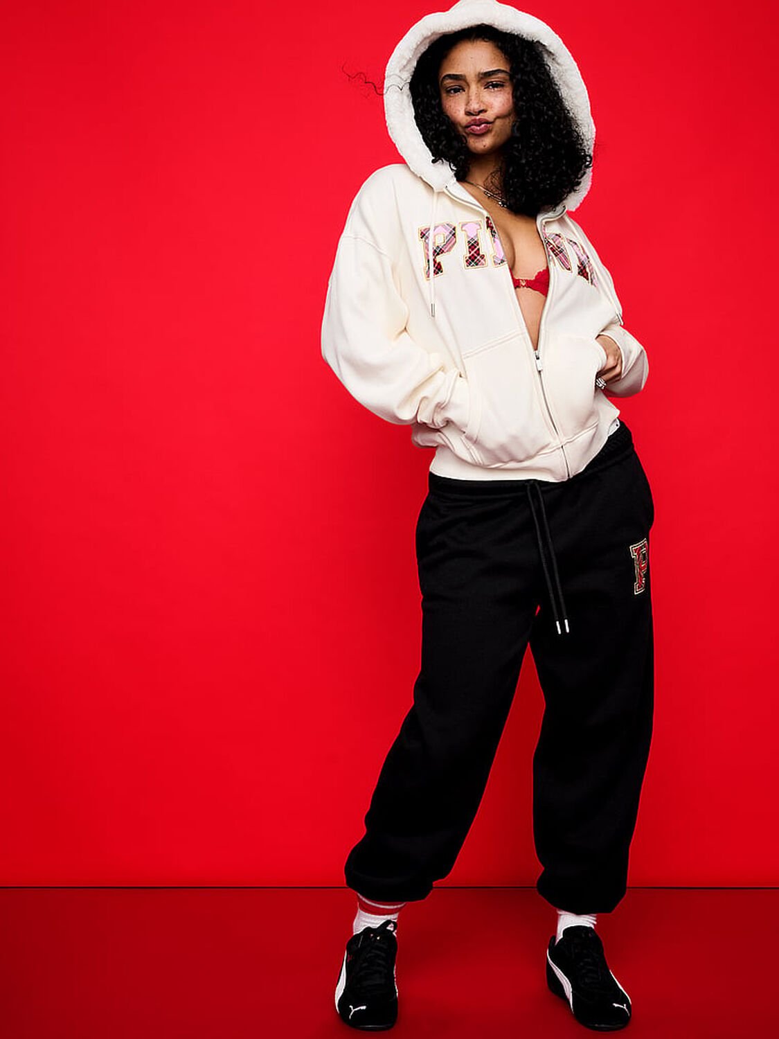 vs Pink Ivy Fleece Campus Full-Zip Hoodie Winter White Fur Lined Hood Santa'S Fave 3 of 3 