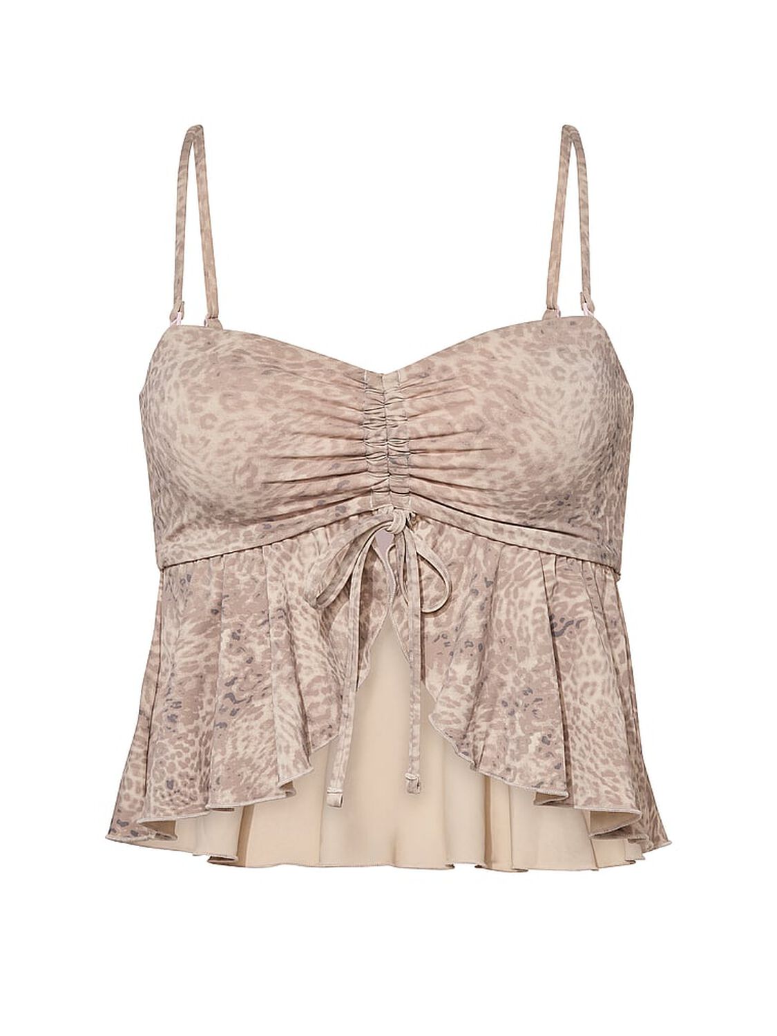 vs Pink Swim Ruched Fly-Away Tankini Top Natural Leo Print With Pink Tulip Lace 3 of 3 