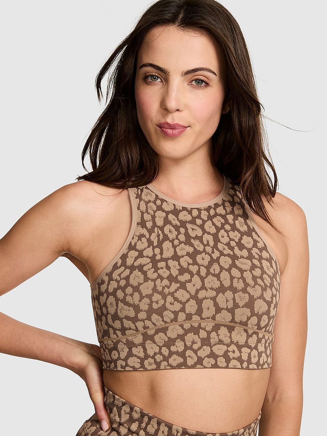 pink Pink Seamless Contour High-Neck Sports Bra Natural Leopard Print 1 of 3 