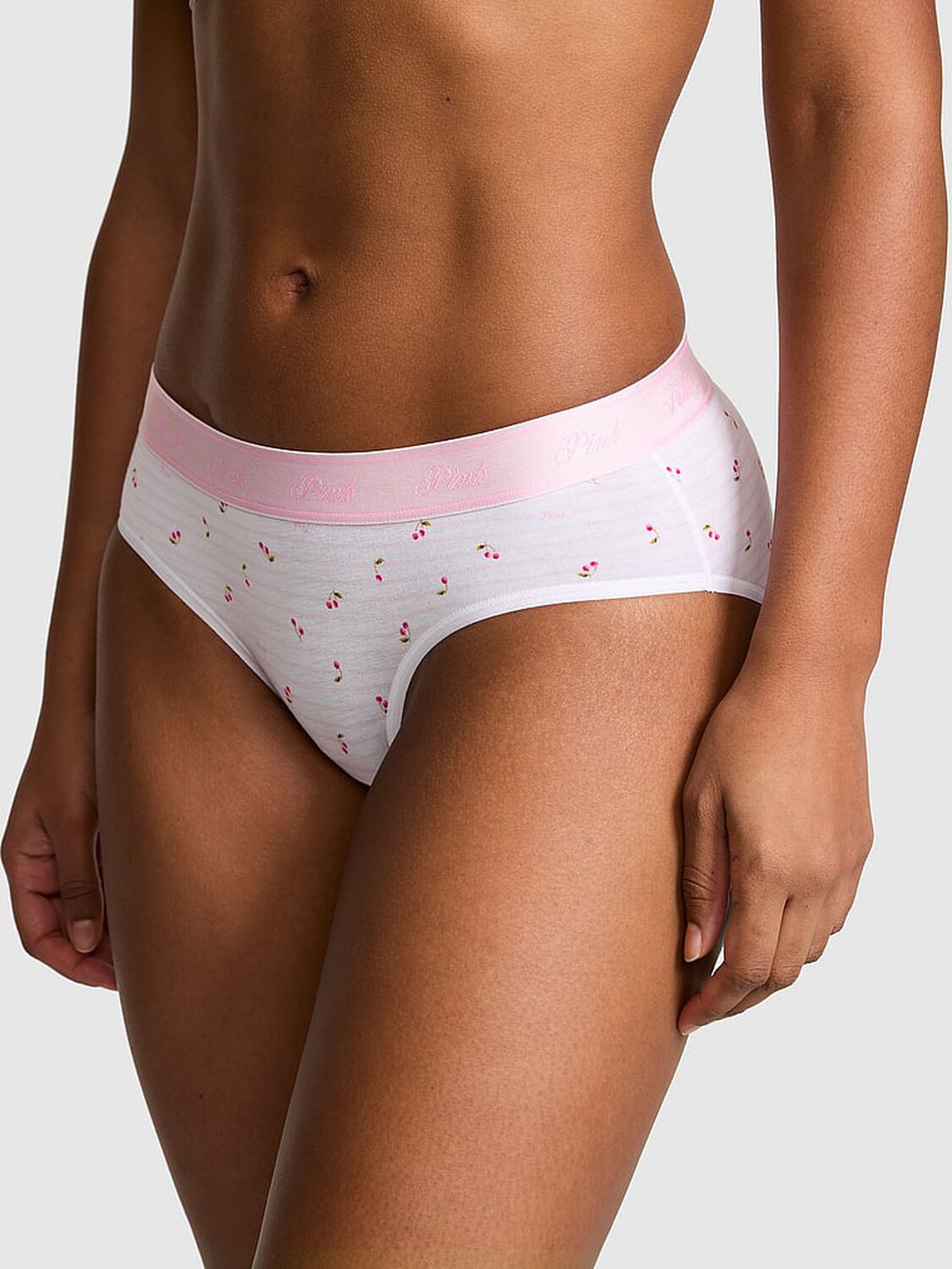 vs Pink Logo Cotton Hiphugger Panty Pink Tulip Stripe Cherry Print 1 of 3 
