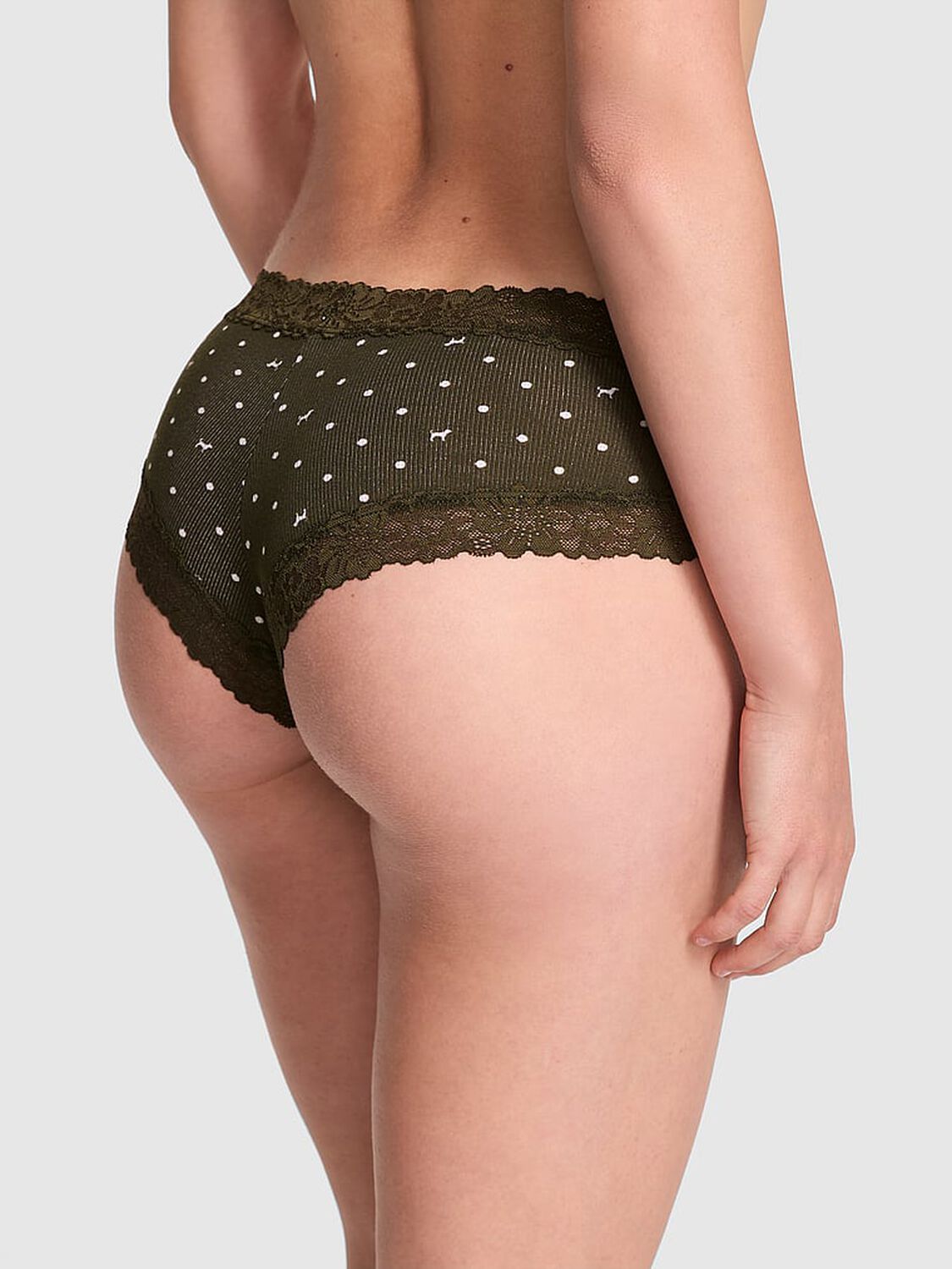 vs Pink Wink Lace-Trim Cheeky Panty Olive Dot Print 1 of 3 