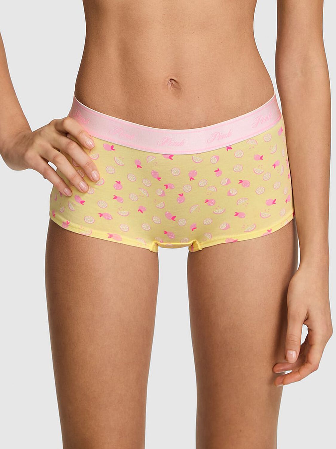 vs Pink Logo Cotton Shine Boyshort Panty Mellow Yellow Lemon Print 1 of 3 
