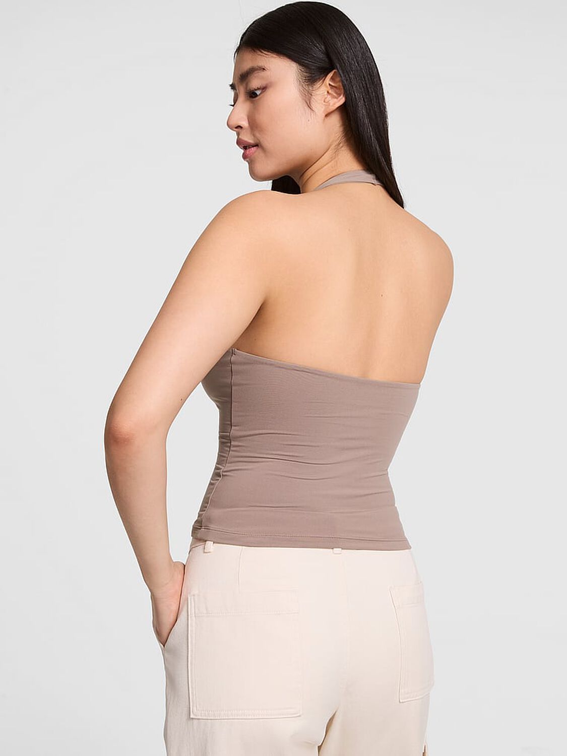 vs Pink Base Stretch Halter Tank Top Iced Coffee 2 of 3 