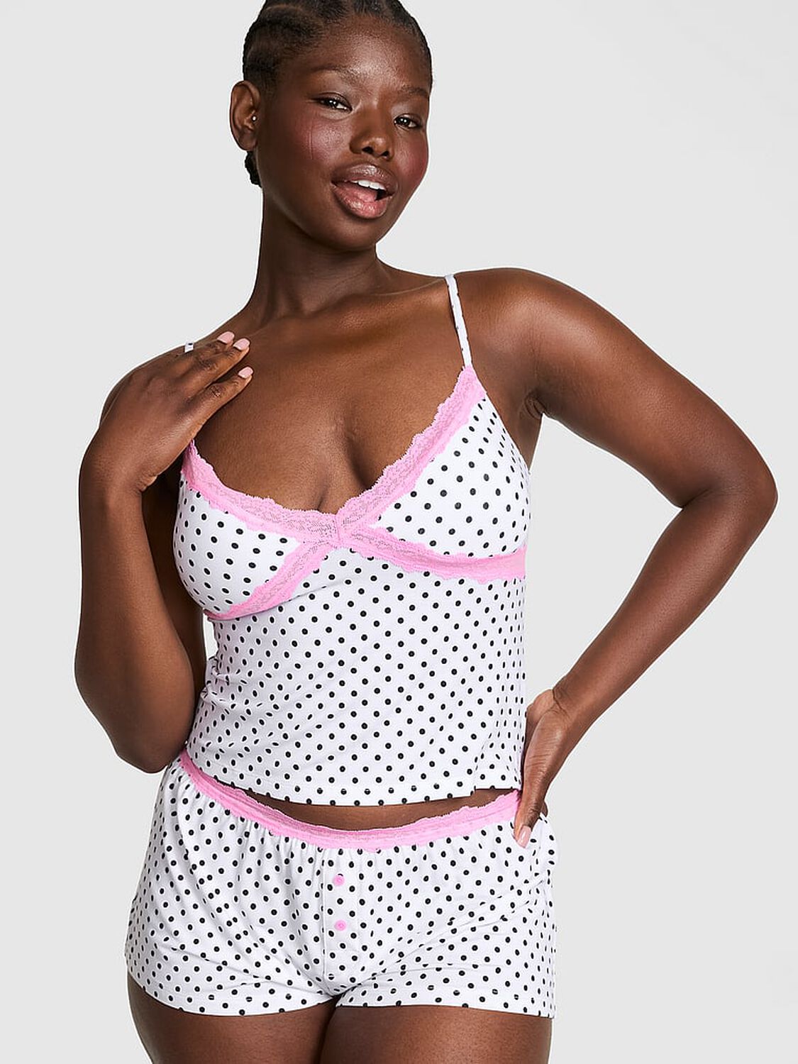 vs Pink Modal Lace-Trim Cami White With Black Dots 1 of 3 