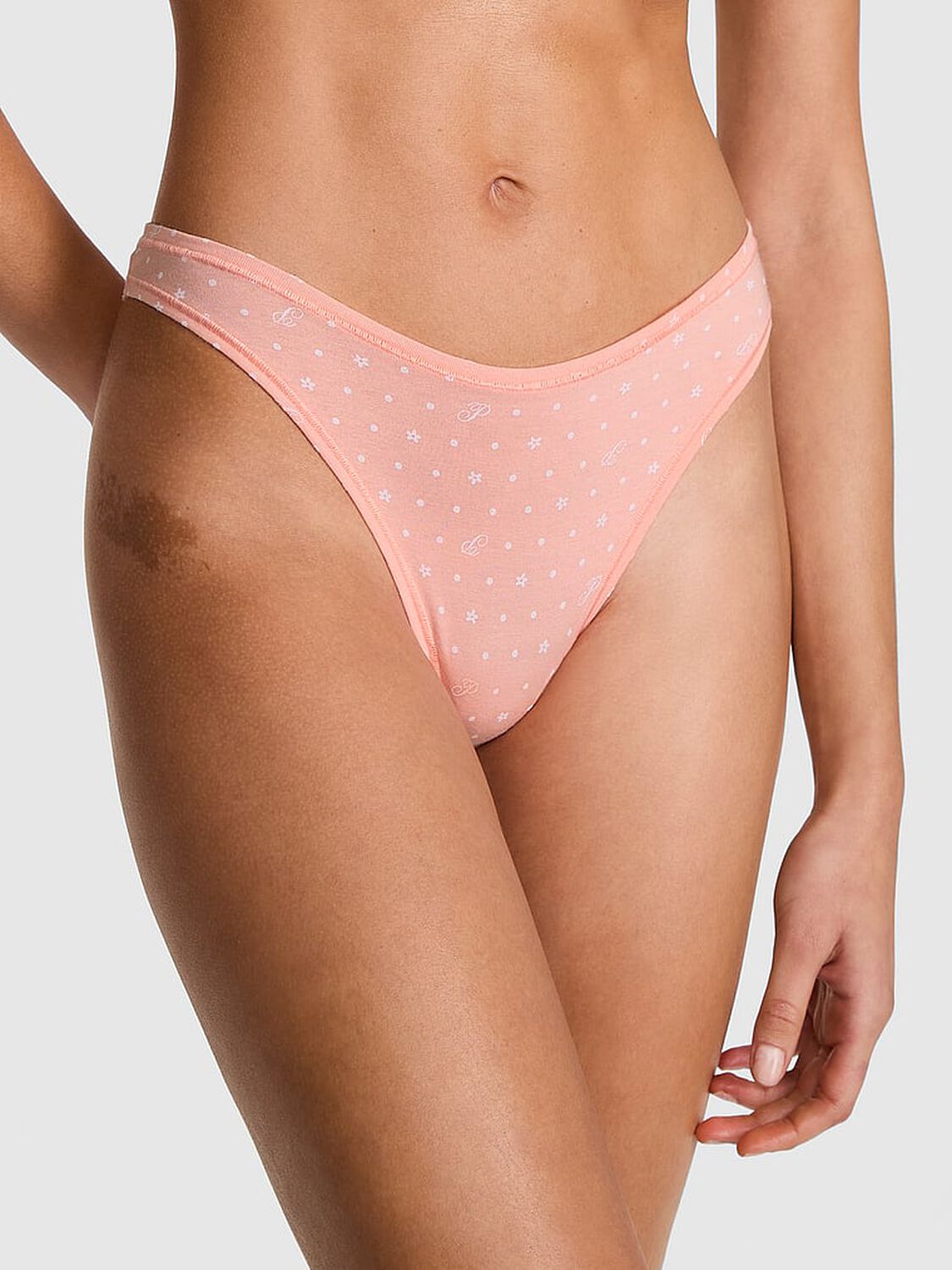 vs Pink Cotton High-Leg Thong Panty Apricot Frost Heritage Print 1 of 3 