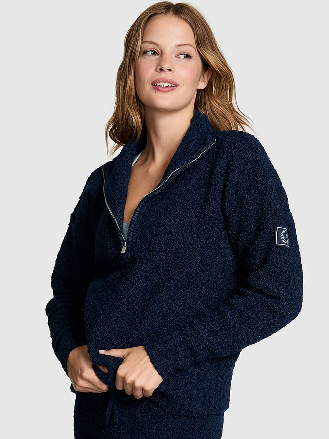 pink Pink Cozy Boucl&eacute; Half-Zip Sweater Noir Navy 1 of 2 