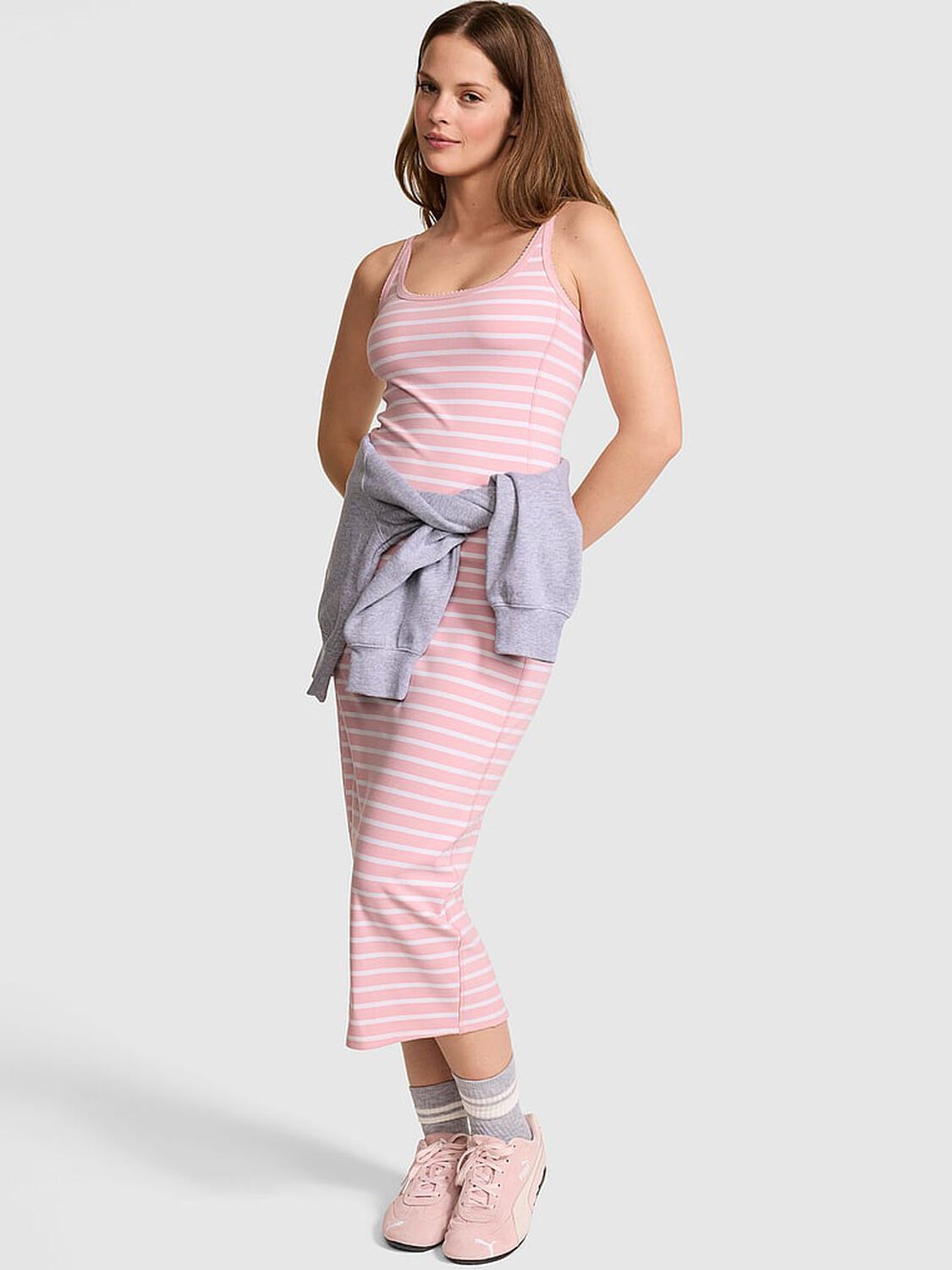 vs Pink All-Day Soft Rib High-Neck Midi Dress Dollhouse & White Stripes 1 of 3 