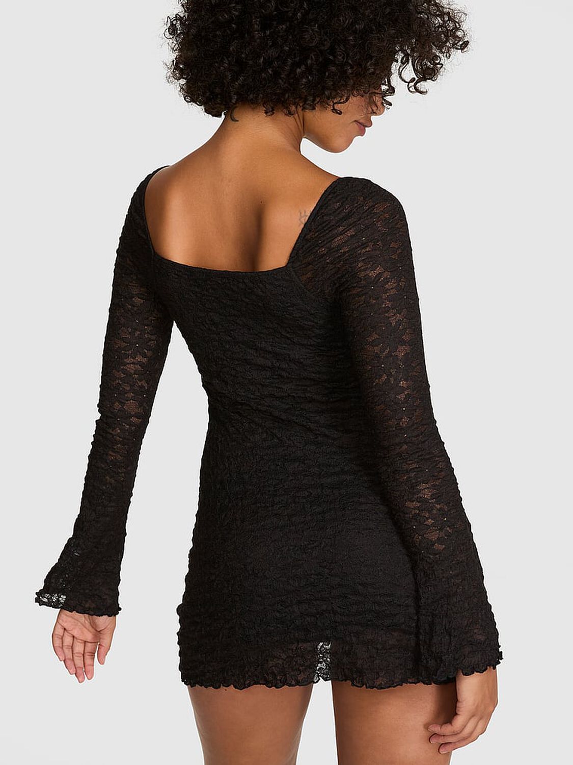 vs Pink Lace Square-Neck Long-Sleeve Mini Dress Black 2 of 3 