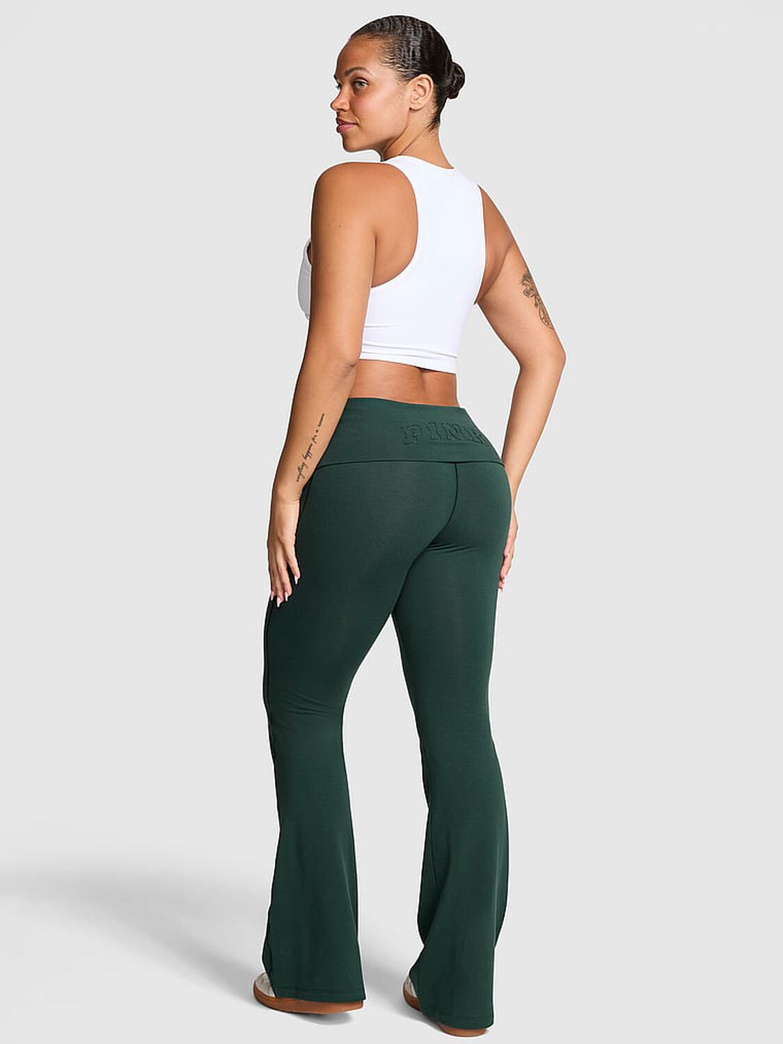 vs Pink All-Day Cotton Foldover Flare Leggings Deep Forest Lurex Thread Logo 2 of 3 