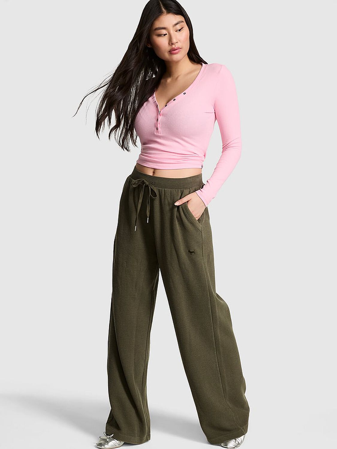 pink Pink Wondersoft Waﬄe-Knit Wide-Leg Pants Olive 1 of 4 