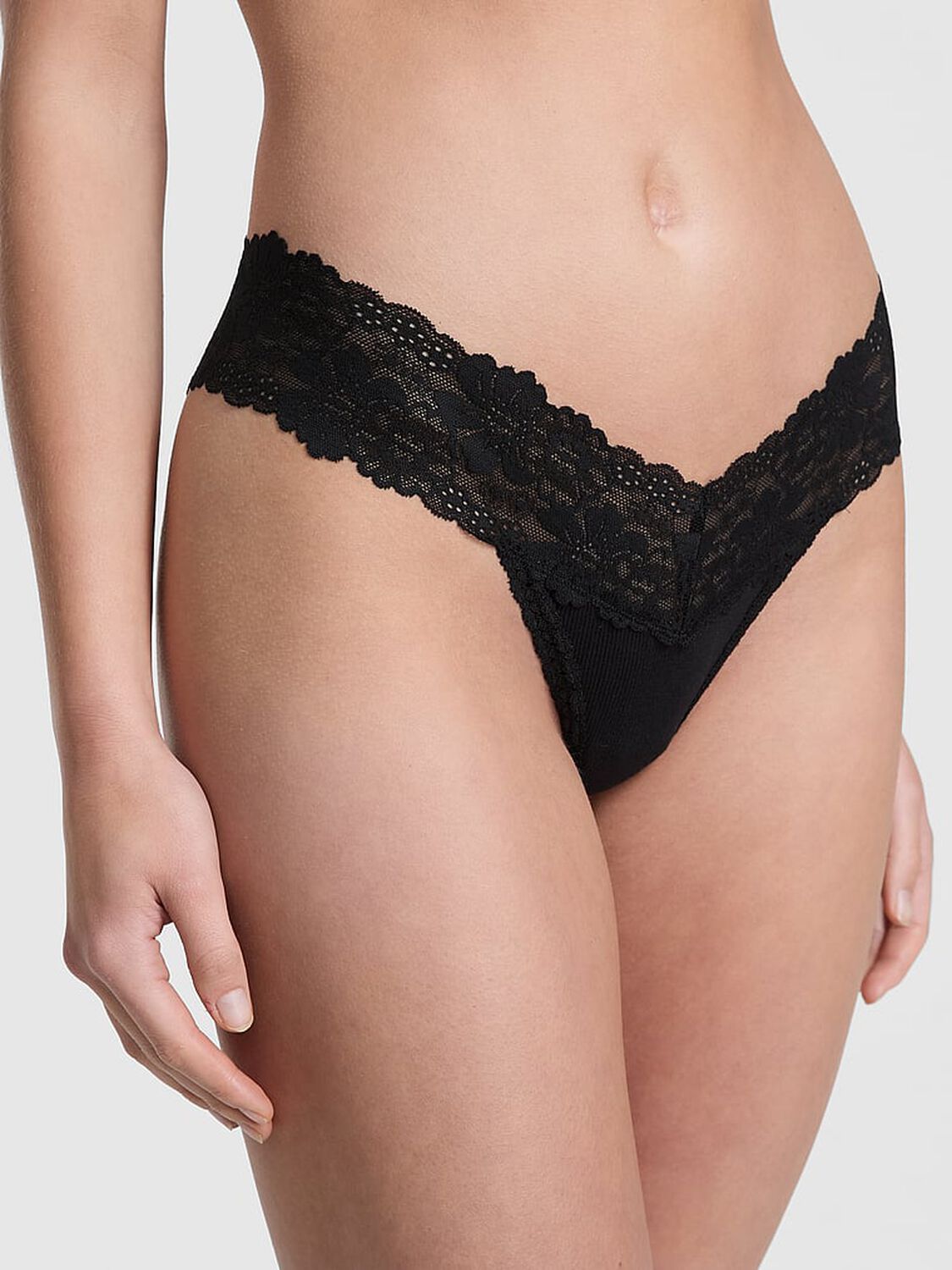 vs Pink Wink Lace-Trim Thong Panty Black 1 of 3 