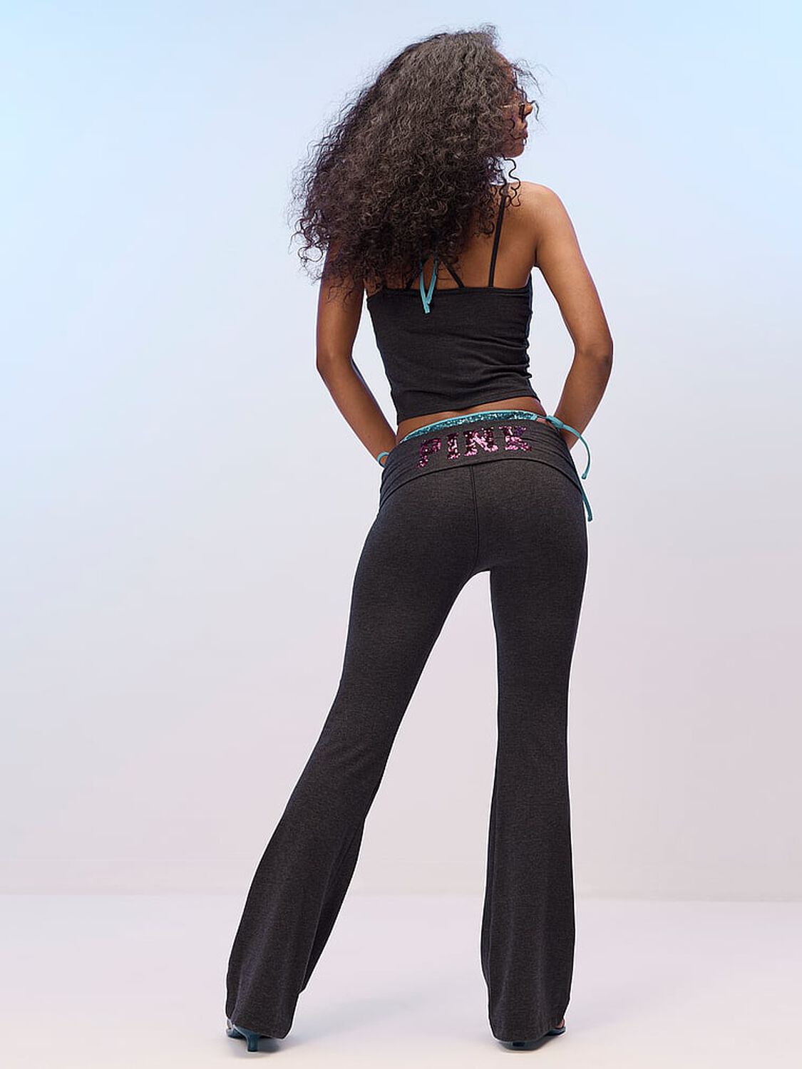 pink Pink All-Day Cotton&trade; Foldover Flare Leggings Charcoal Heather With Pink Sequin 4 of 4 