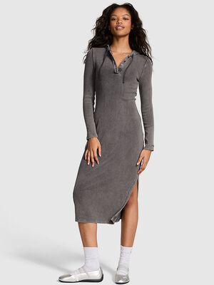 Vintage Ribbed Henley Hoodie Dress