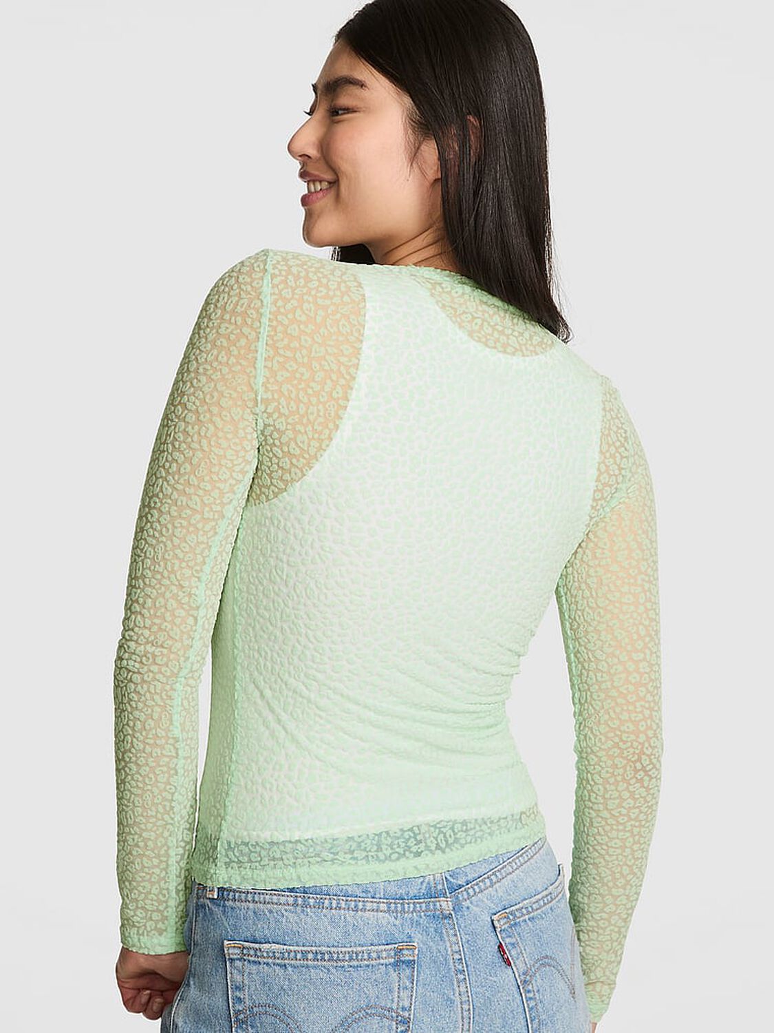 vs Pink Base Leopard Mesh Long- Sleeve Tee Mint 2 of 3 