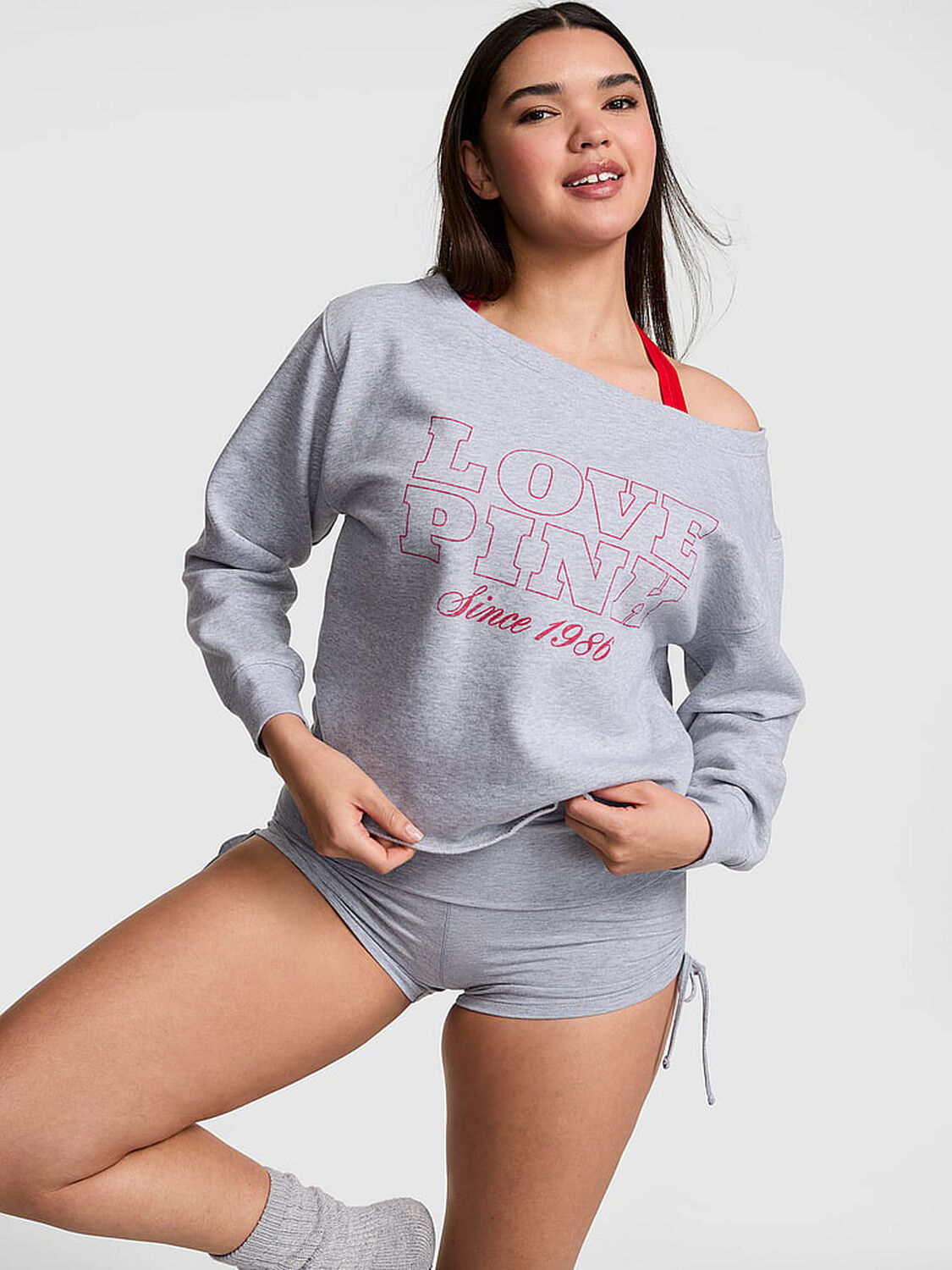 vs Pink Campus Fleece&trade; Rib Off-The-Shoulder Sweatshirt Medium Heather Grey 1 of 4 