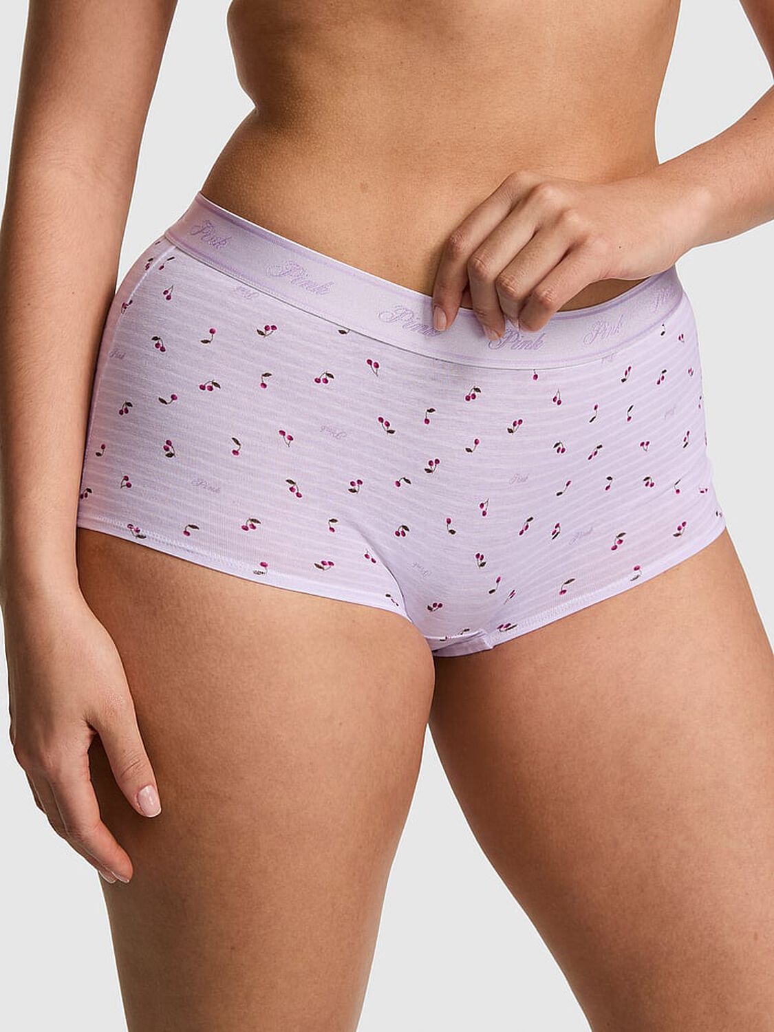 vs Pink Logo Cotton Boyshort Panty Purple Whisper Stripe Cherry Print 1 of 3 
